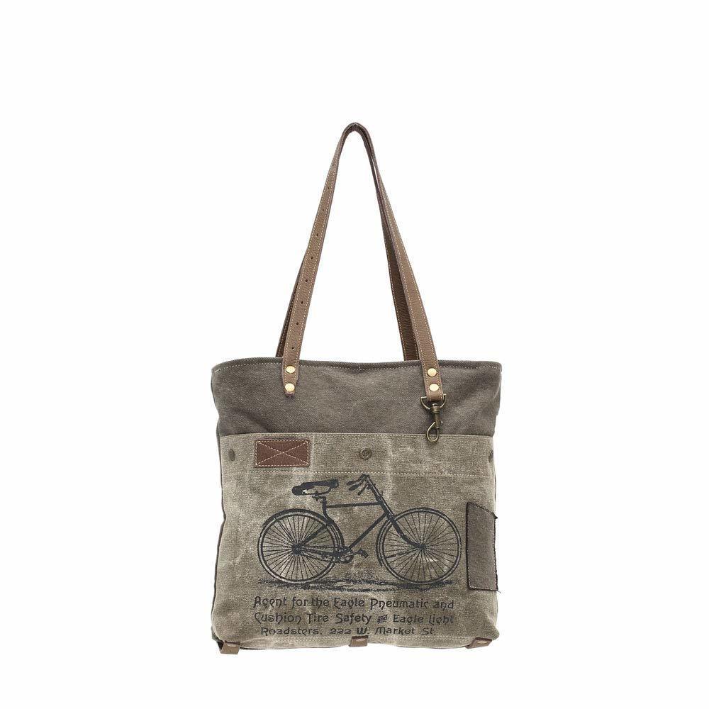 Vintage Bicycle Print Upcycled Canvas And Genuine Leather Trim Tote Bag B)